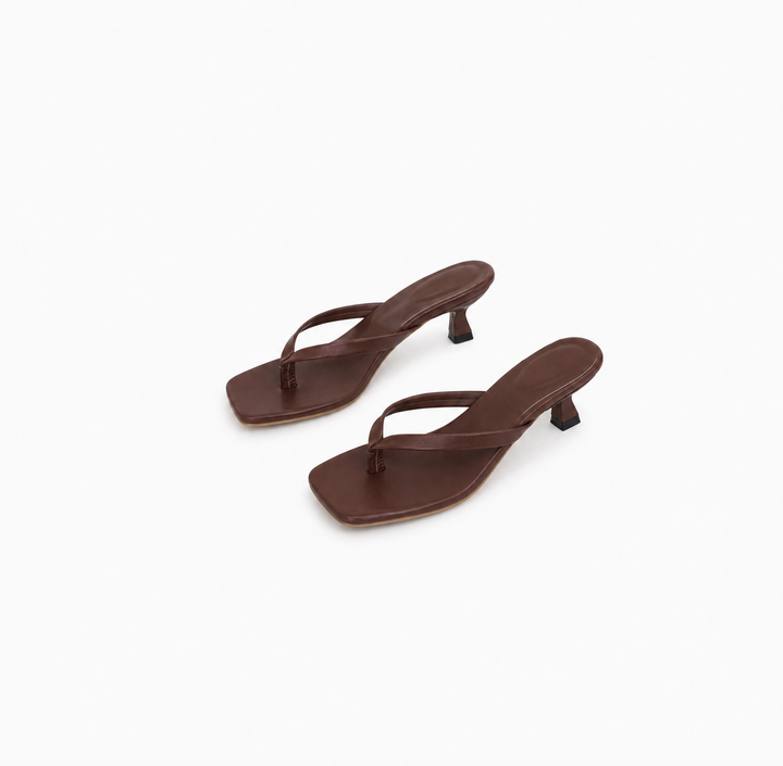 Sleek Square-Toe Kitten Heel Sandals - Mocha