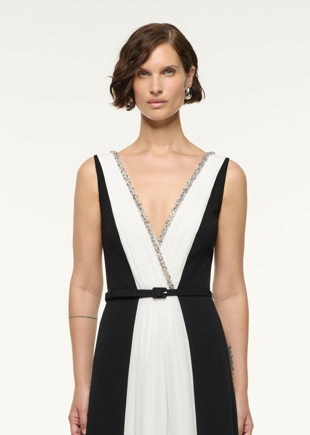 two-tone pleated gown with embellished V-neck – AURELIA