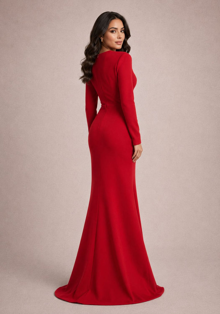 long sleeve V-neck gown with double bow detail – WALID-1