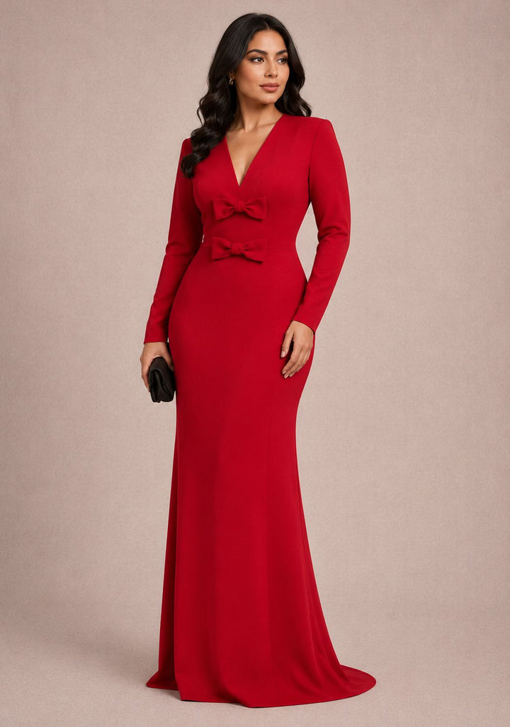 long sleeve V-neck gown with double bow detail – WALID-1