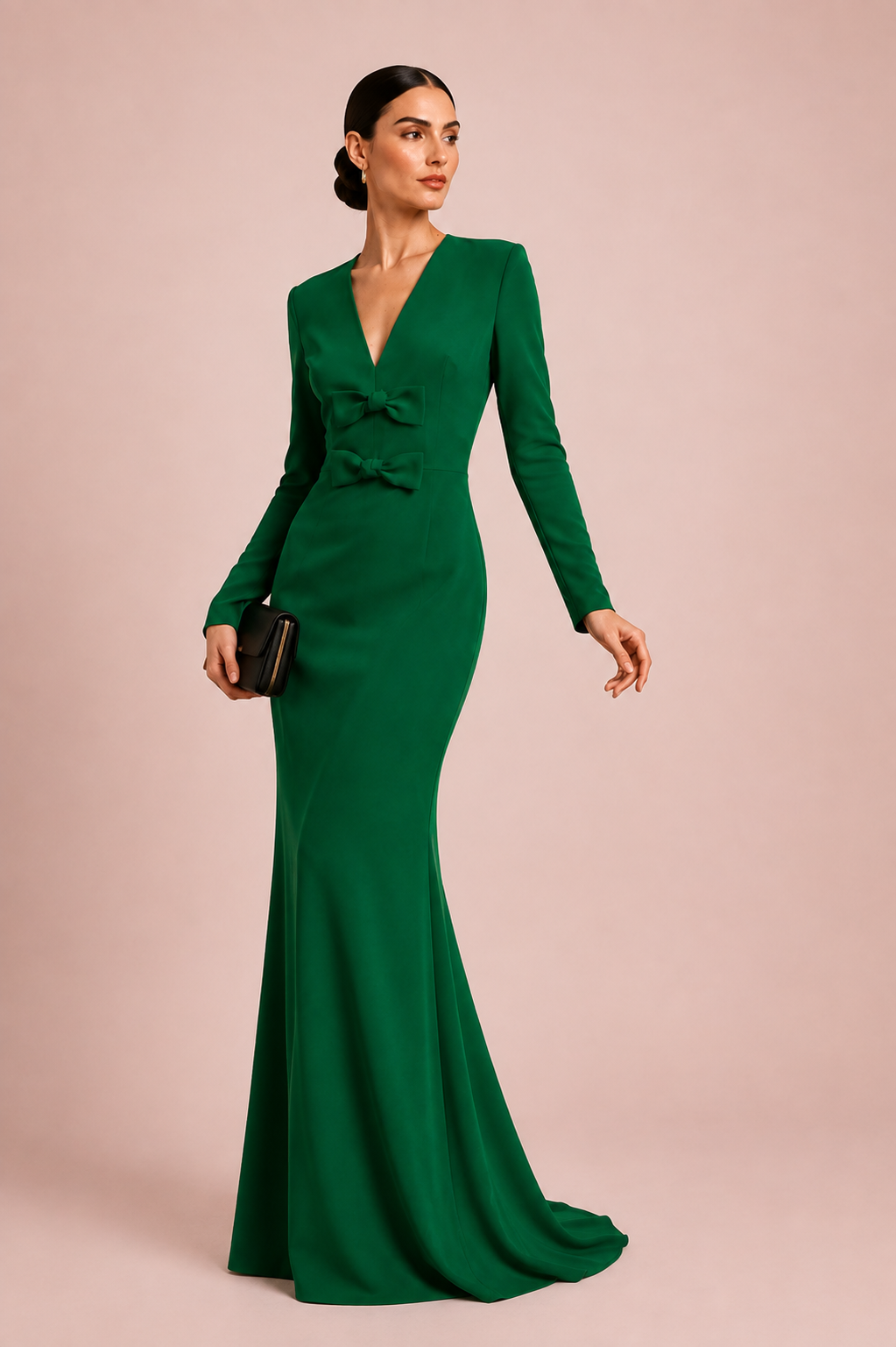 Emerald Green Bow-Detail Long Sleeve Gown – VERDANT