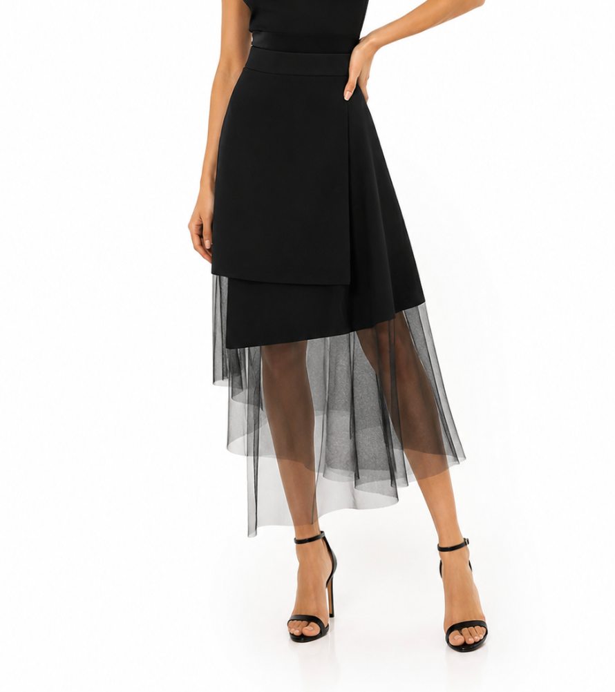 Asymmetric Tulle Midi Skirt – Veil