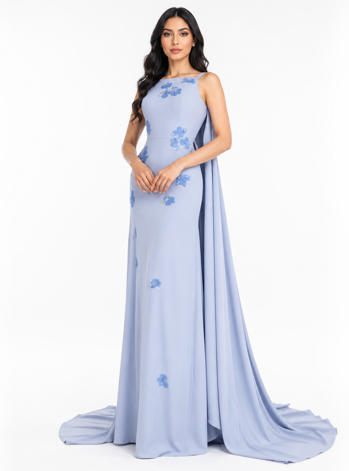 Floral Appliqué Cape Gown - Sky