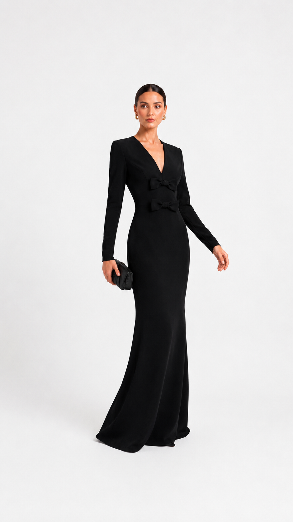 Black Bow-Detail Long Sleeve Gown – NOCTURNE