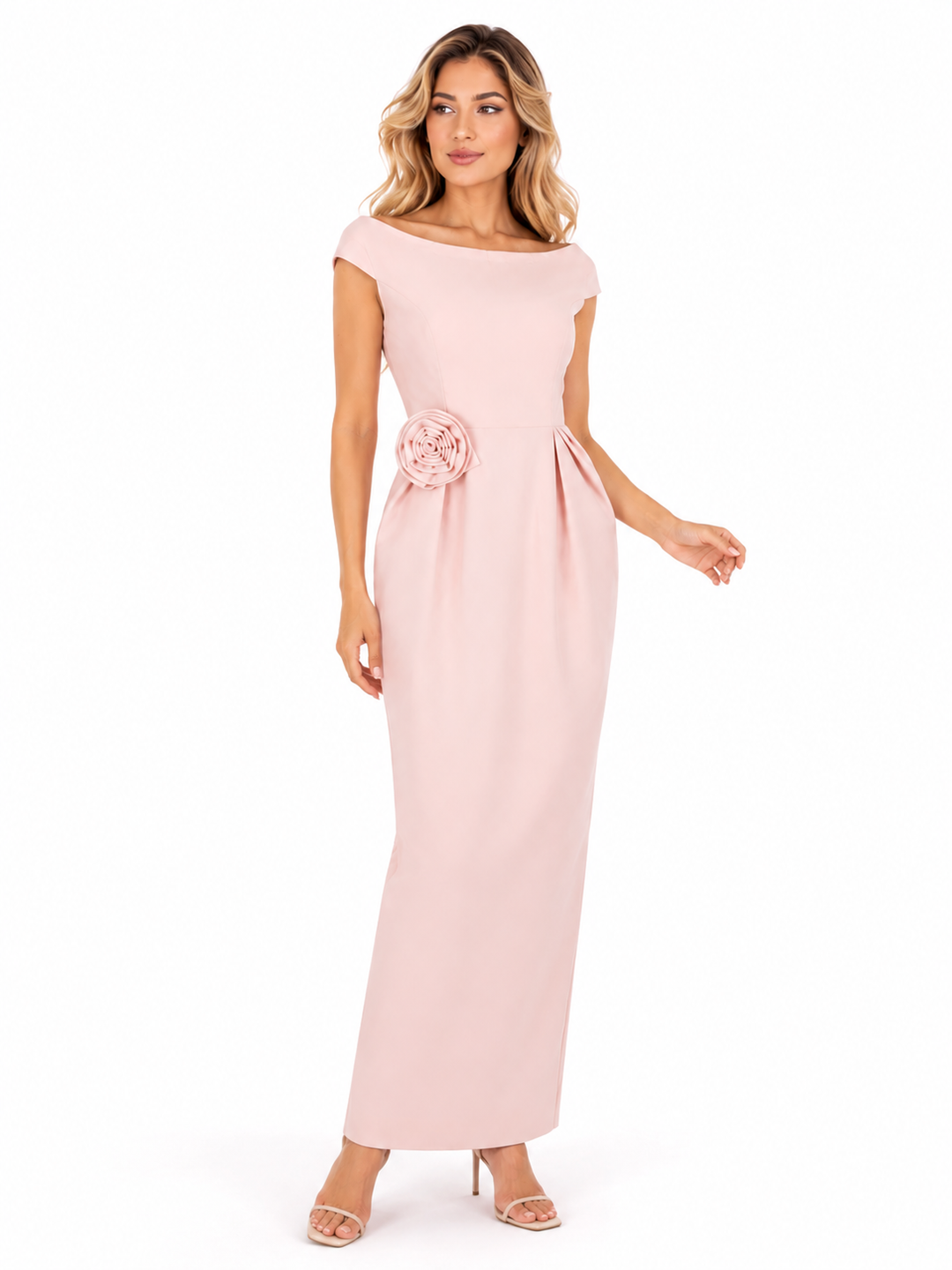 Blush Off-Shoulder Rosette Midi Dress – Rosalie