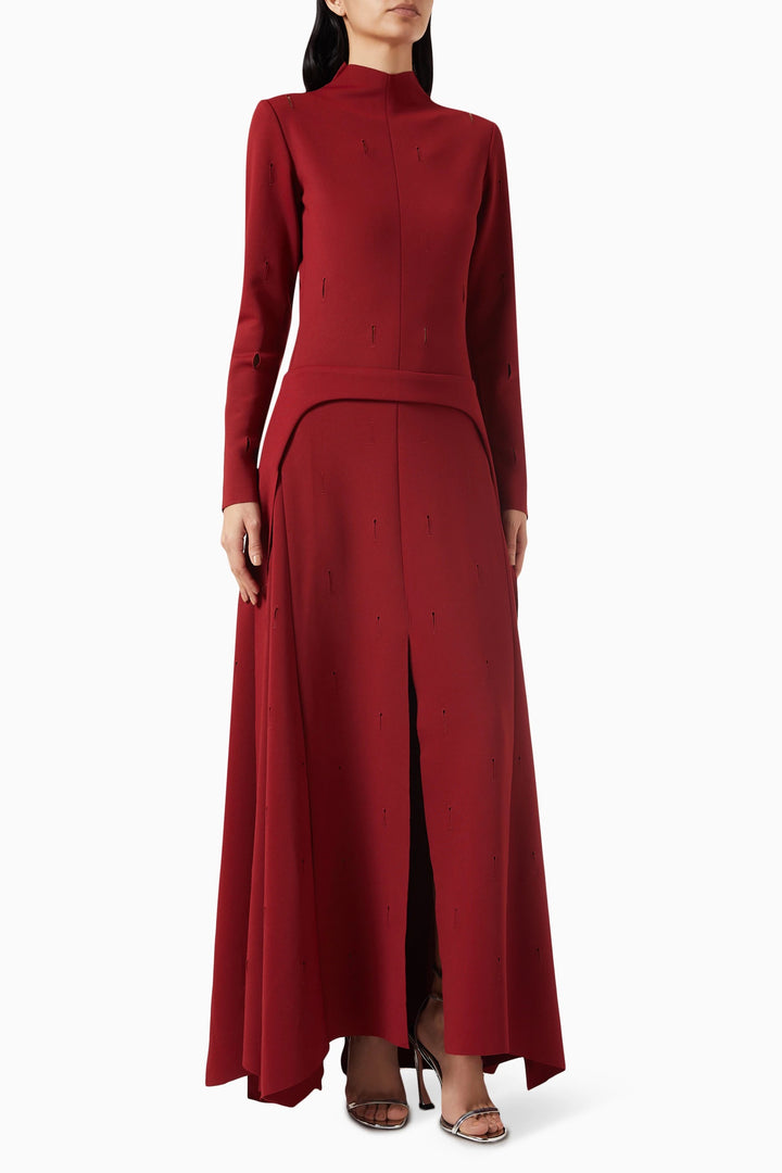 high-neck long-sleeve gown with front slit – RUBINA