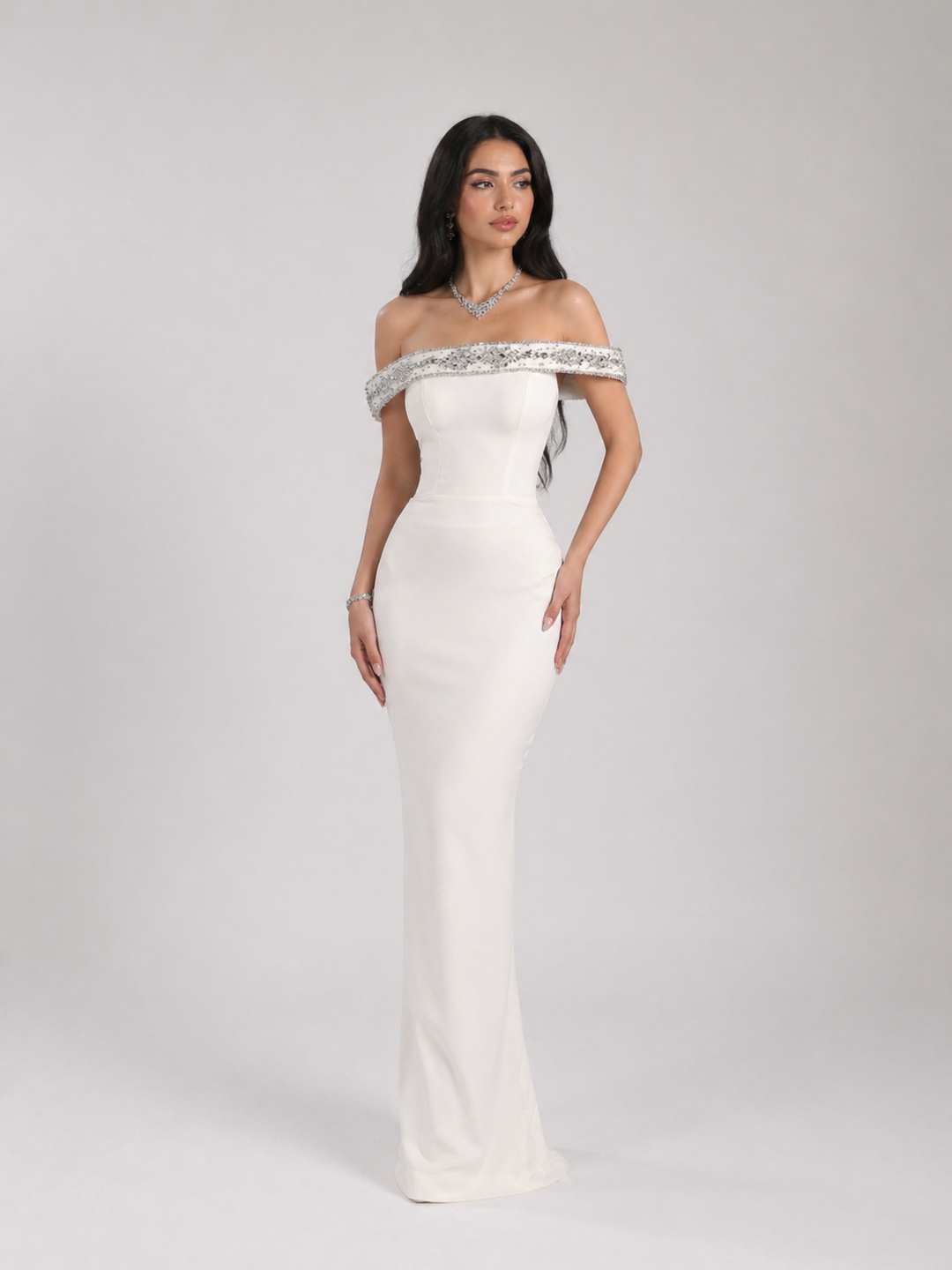 Ivory Off-Shoulder Evening Gown with Crystal Embellished Neckline – ÉLARAS