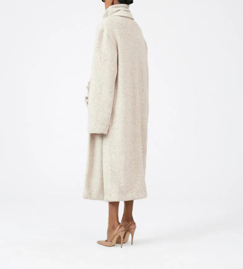 turtleneck knit top with maxi coat and ruffle detail - Logenh