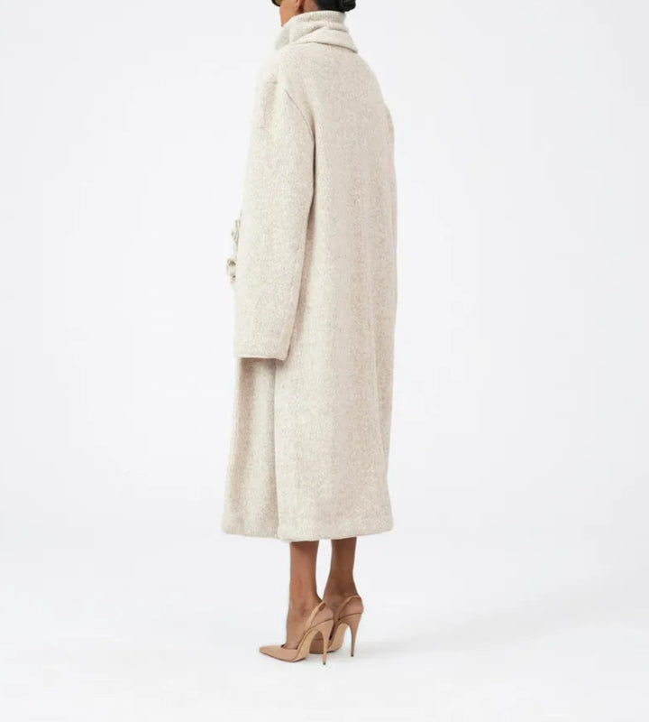 turtleneck knit top with maxi coat and ruffle detail - Logenh