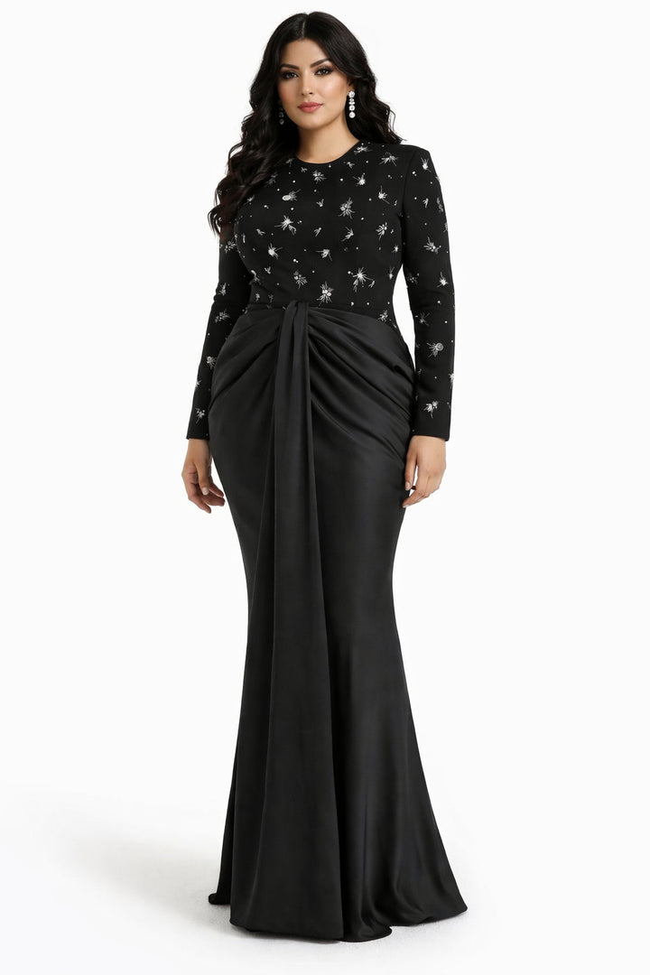Embellished Long-Sleeve Draped Gown - MIDNIGHT-1