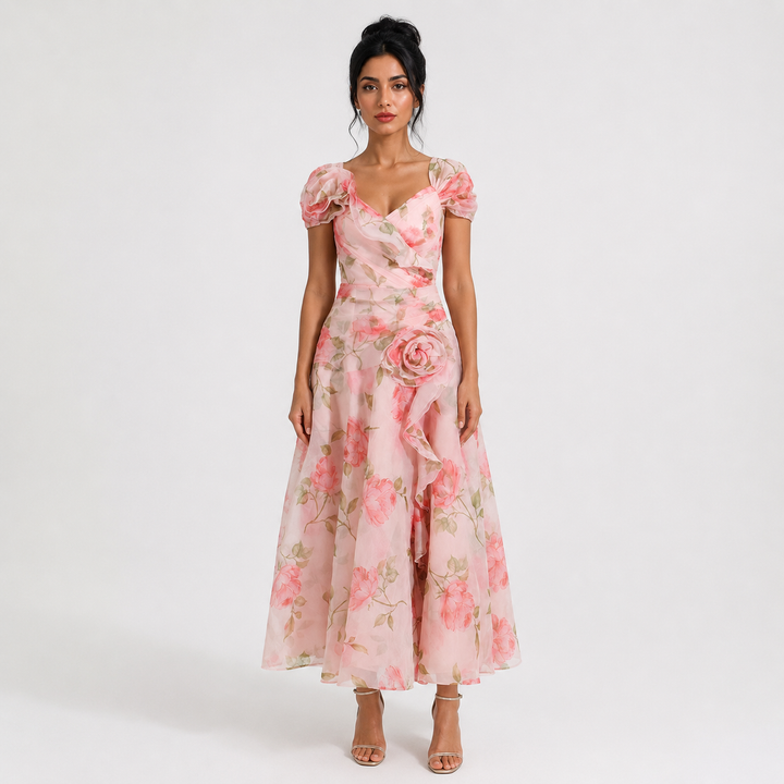Blush Floral Off-Shoulder Organza Midi Dress – ROSÉVINE
