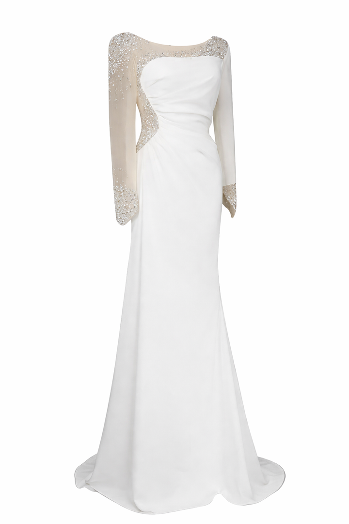 one-shoulder mermaid gown with embellished illusion sleeve – GLAM