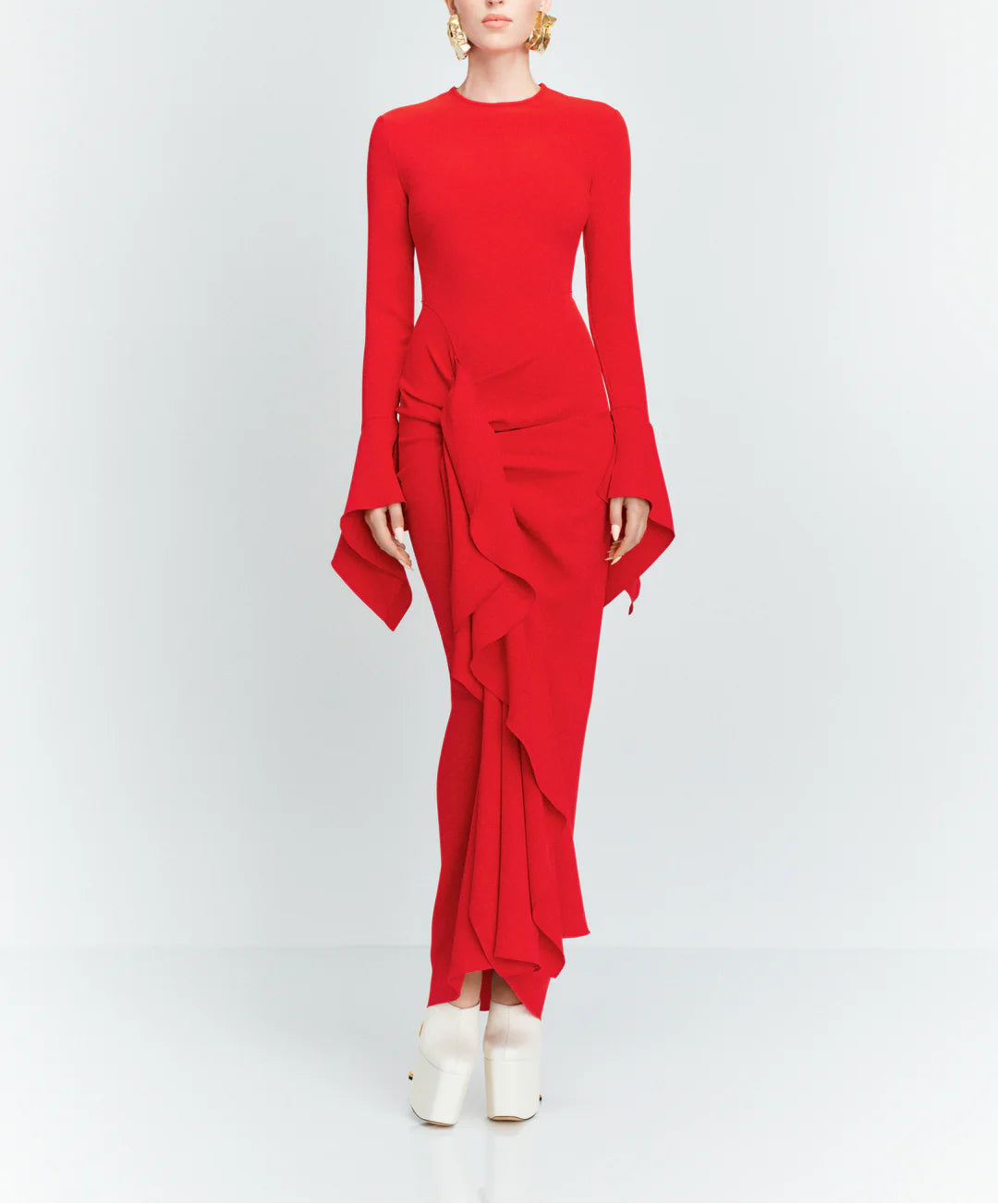 long-sleeve draped maxi dress with sculpted waist tie – DELLA
