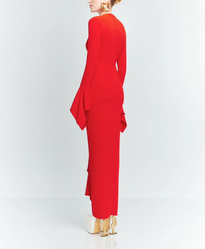 long-sleeve draped maxi dress with sculpted waist tie – DELLA