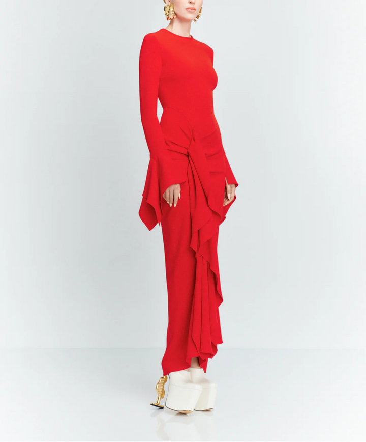 long-sleeve draped maxi dress with sculpted waist tie – DELLA