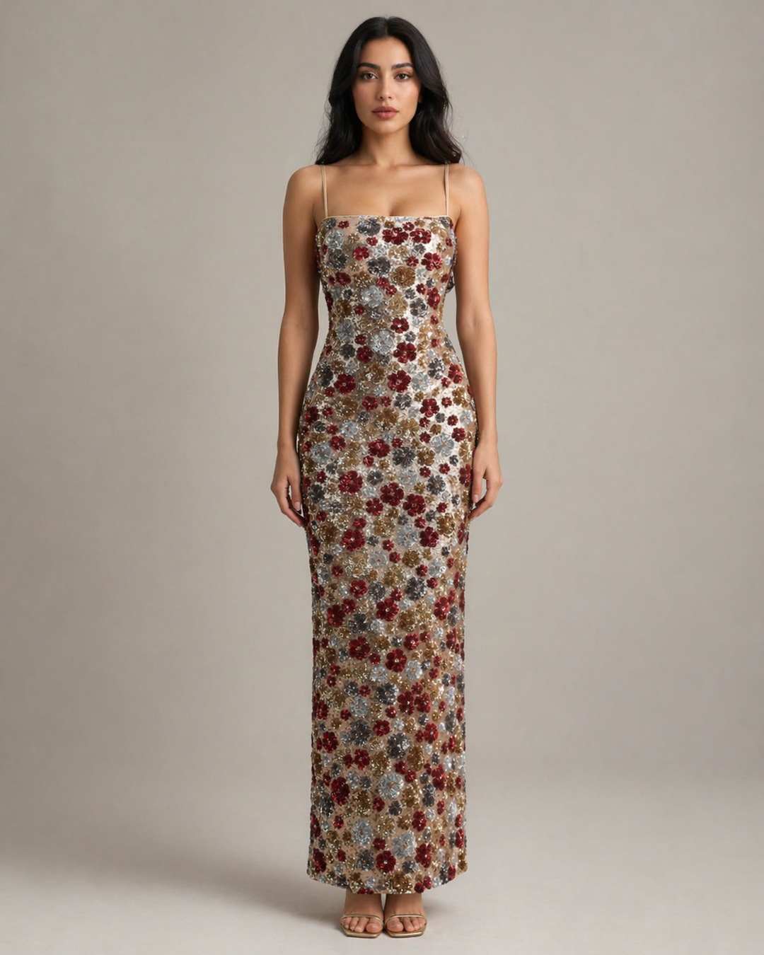 Floral Sequin Bodycon Maxi Dress with Spaghetti Straps - ROSÉLIA