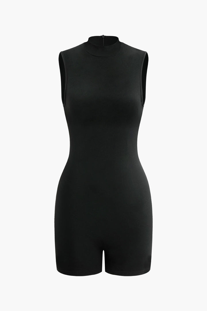 Basic Solid Mock Neck Unitard Sleeveless Romper
