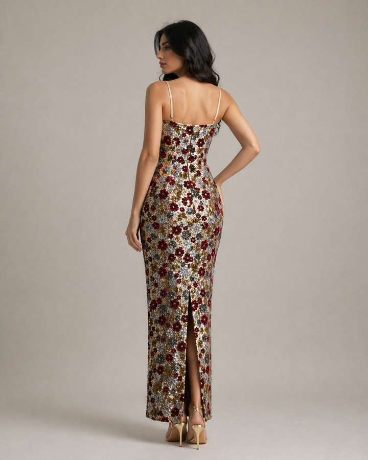 Floral Sequin Bodycon Maxi Dress with Spaghetti Straps - ROSÉLIA