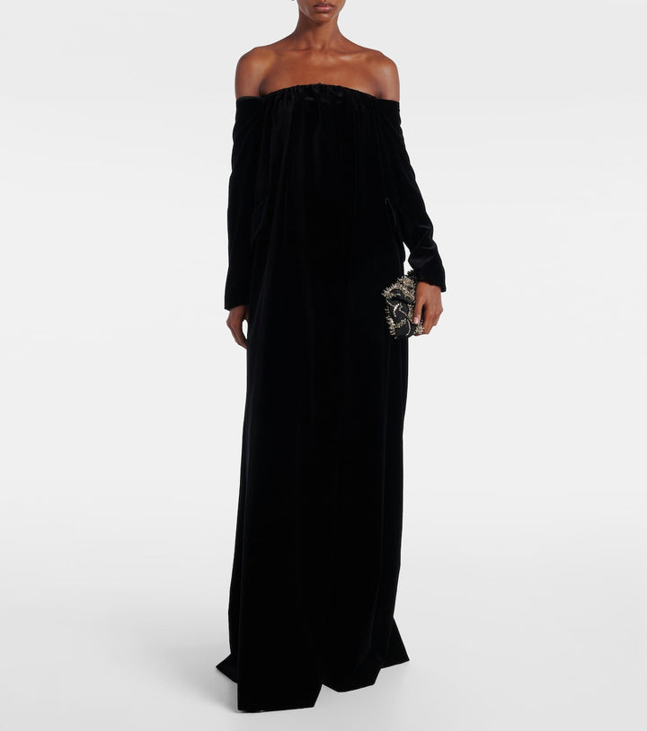 Off-shoulder velvet column gown with long sleeves – NOIRELLE