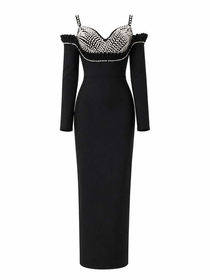 Black Pearl Embellished Off-Shoulder Evening Gown - Prestige