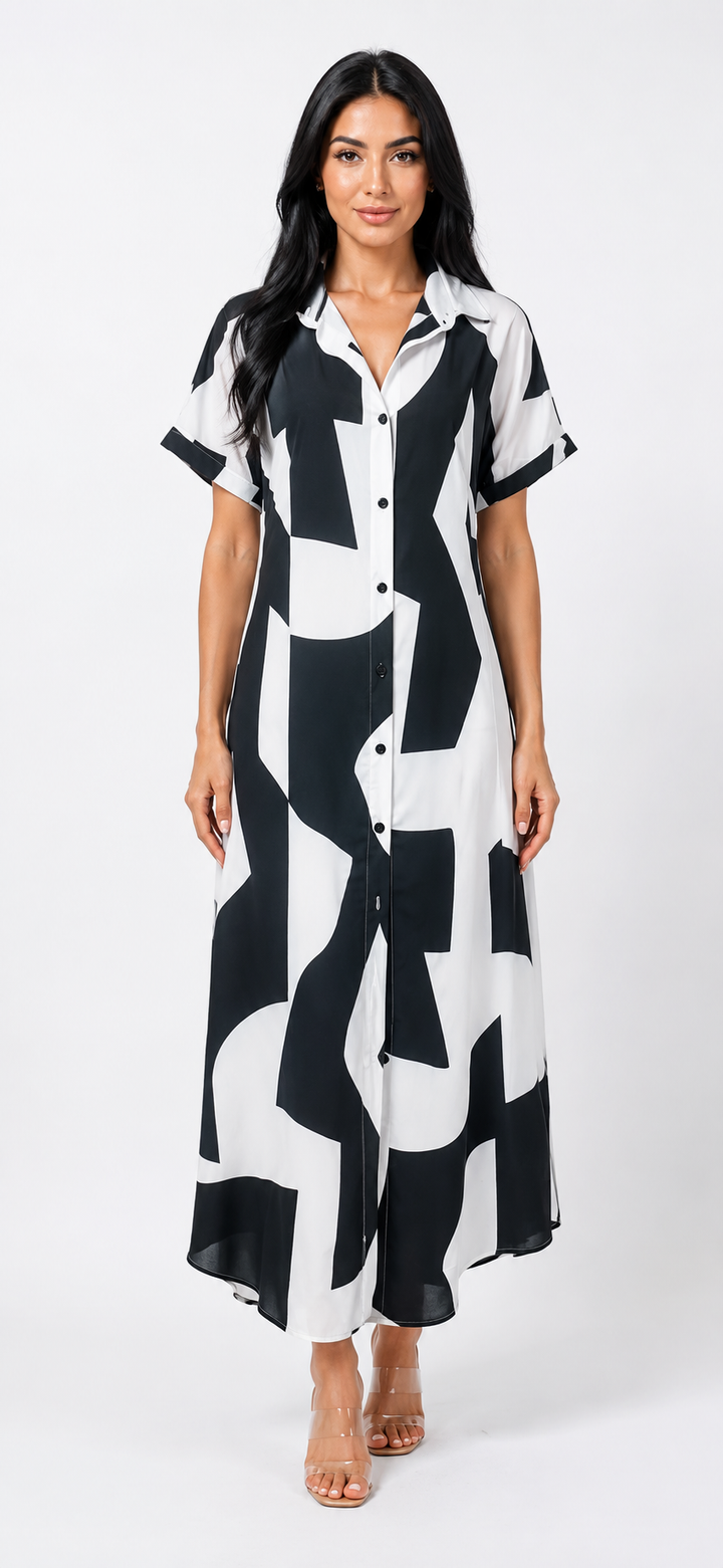 Abstract Print Button-Front Maxi Shirt Dress - Chic