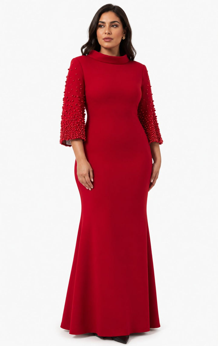 Beaded sleeve column gown with high neckline – SCARLETTA-1