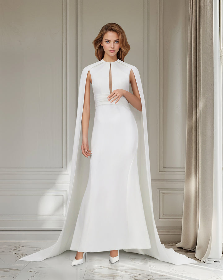 White belted dress with neckline and cape