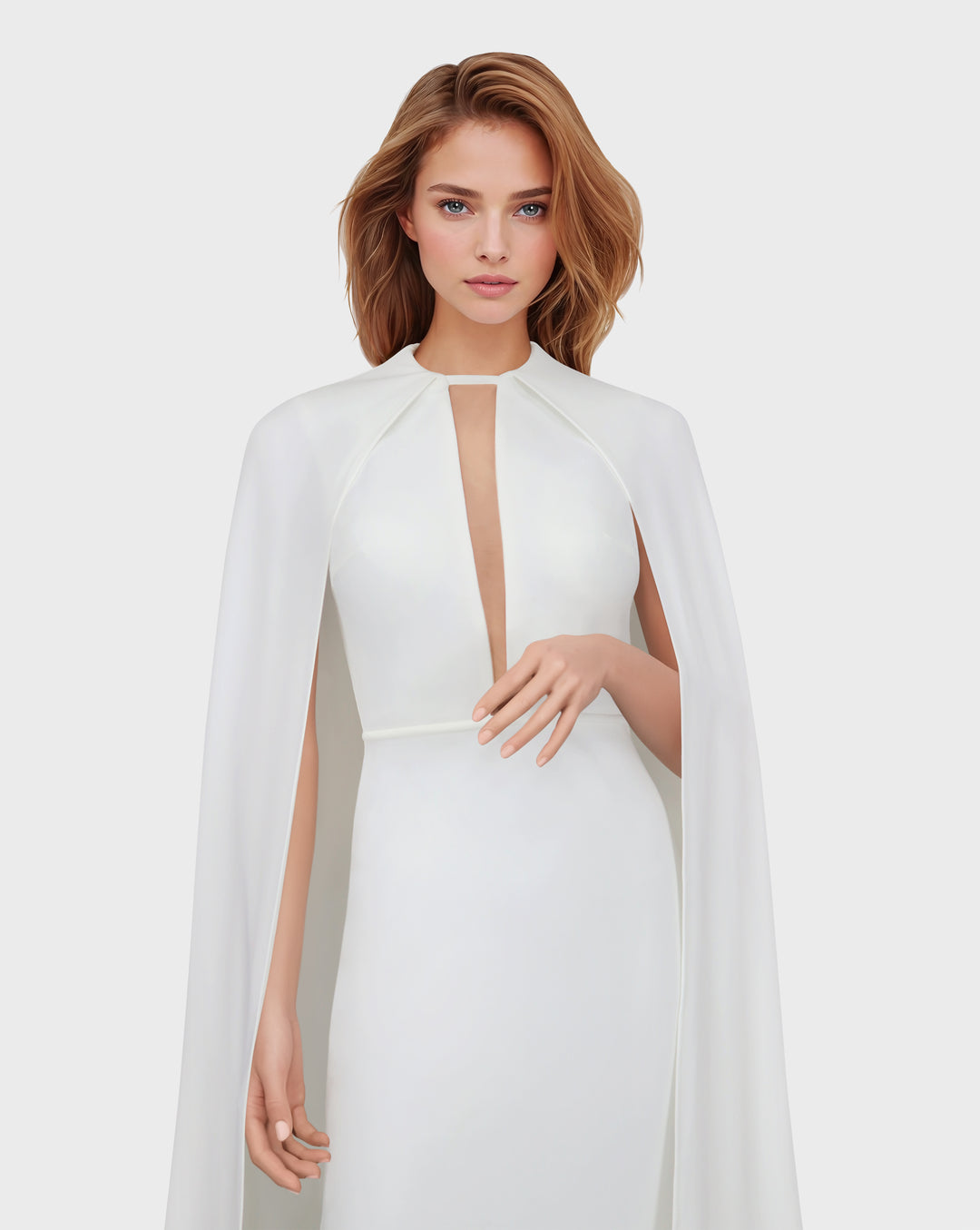 White dress with neckline and cape
