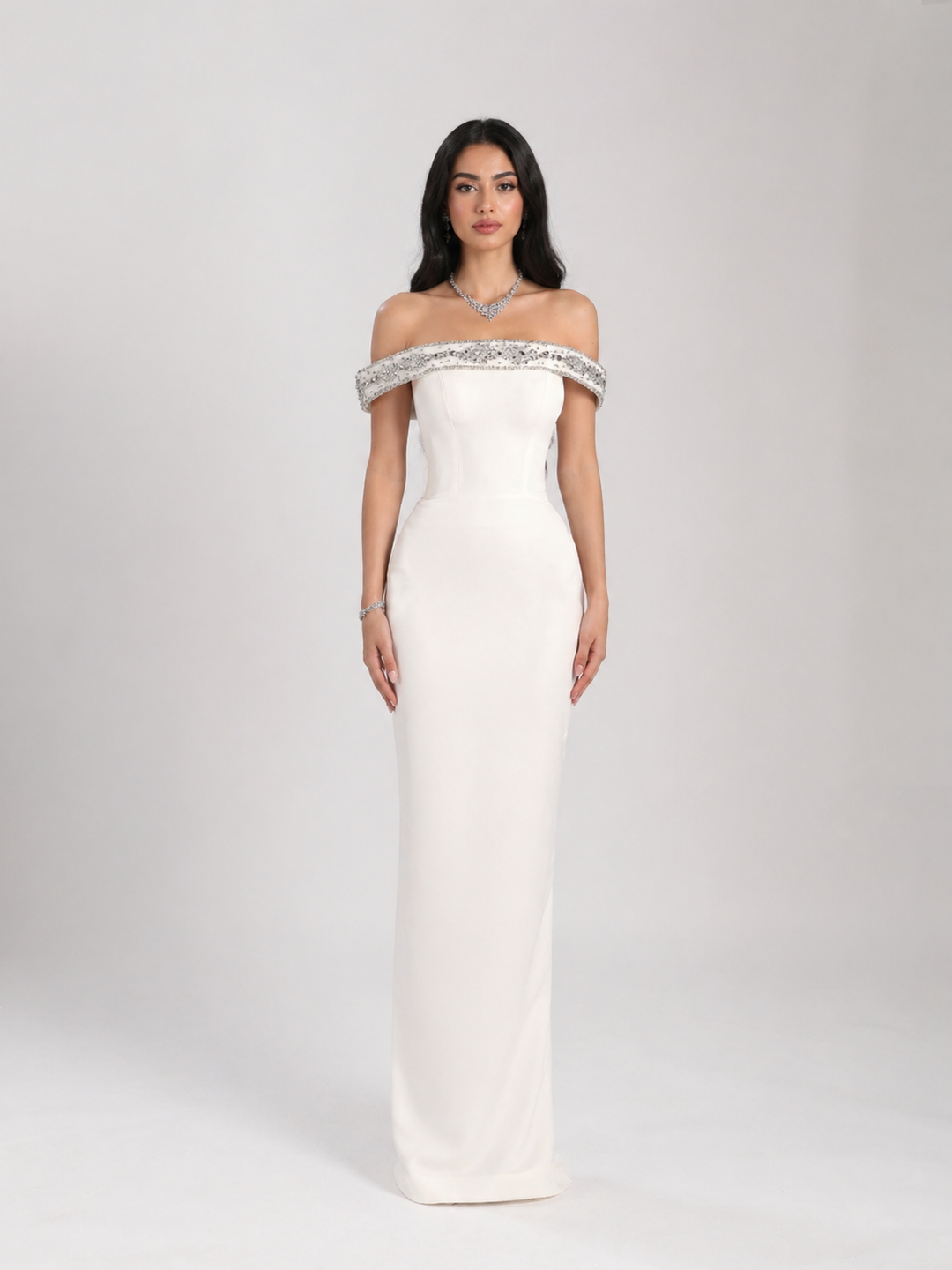 Ivory Off-Shoulder Evening Gown with Crystal Embellished Neckline – ÉLARAS