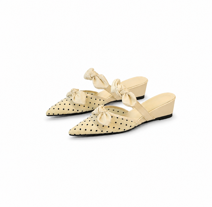 Polka-Dot Bow Wedge Mules – Ivory