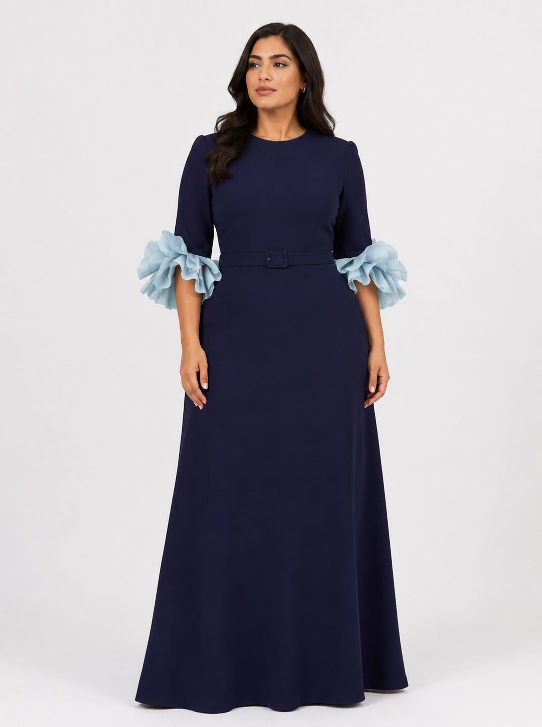 belted maxi dress with organza ruffle cuffs – NAVELLA-1