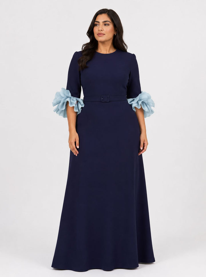 belted maxi dress with organza ruffle cuffs – NAVELLA-1