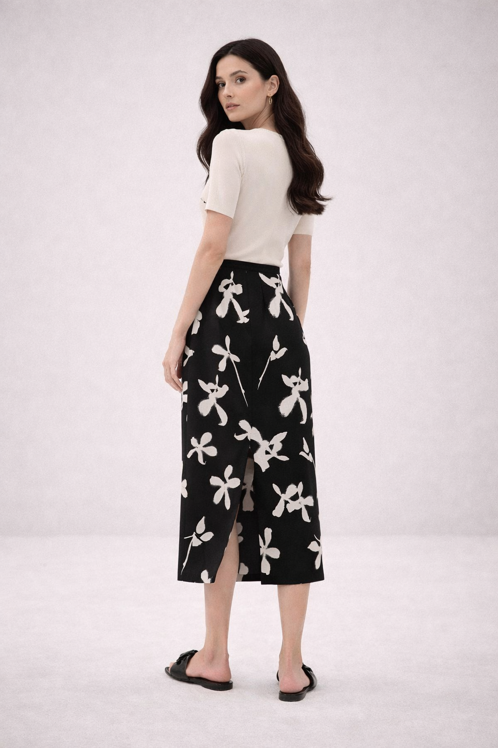 Monochrome Floral Midi Pencil Skirt-SIDANY
