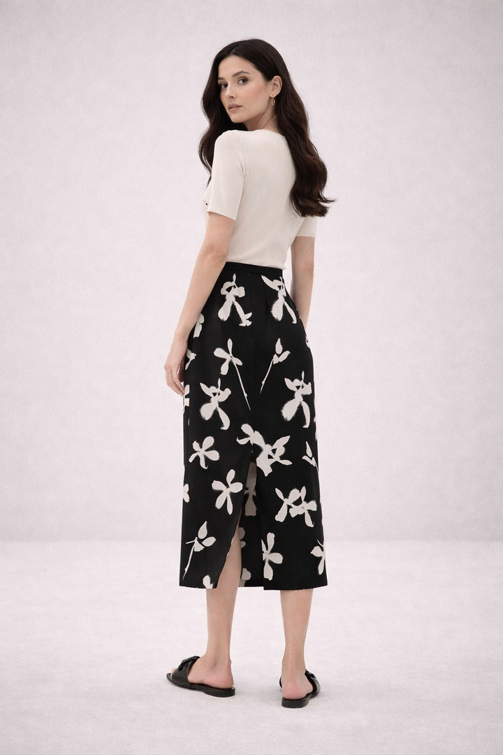Monochrome Floral Midi Pencil Skirt-SIDANY