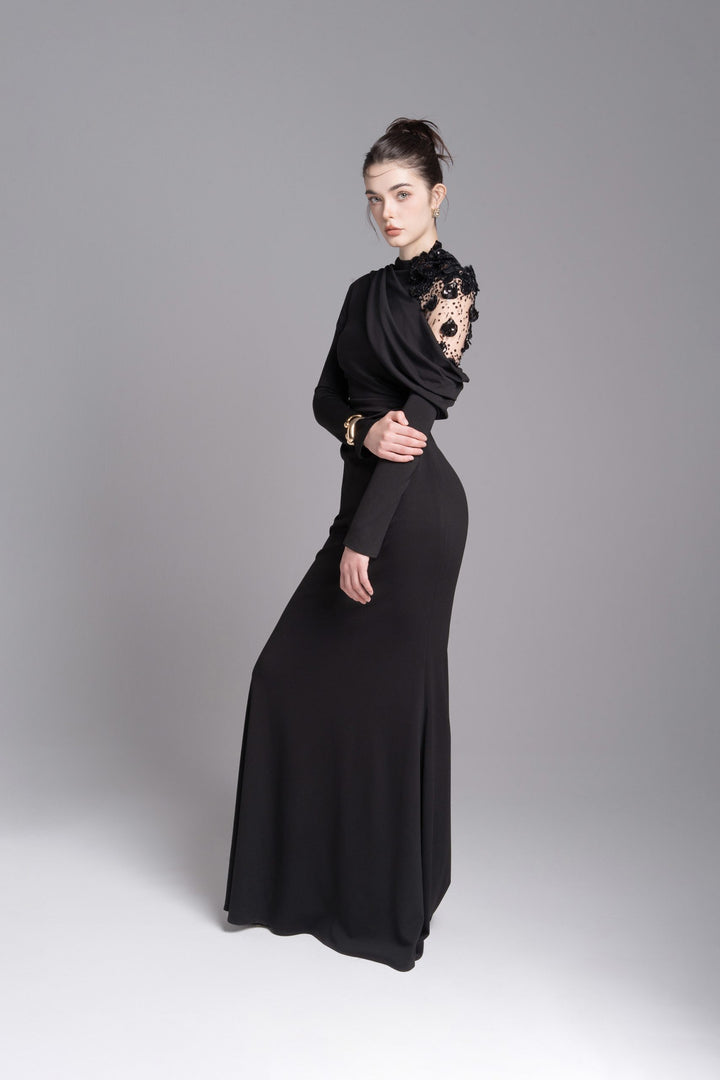 Asymmetric embellished shoulder gown – NOCTURNE