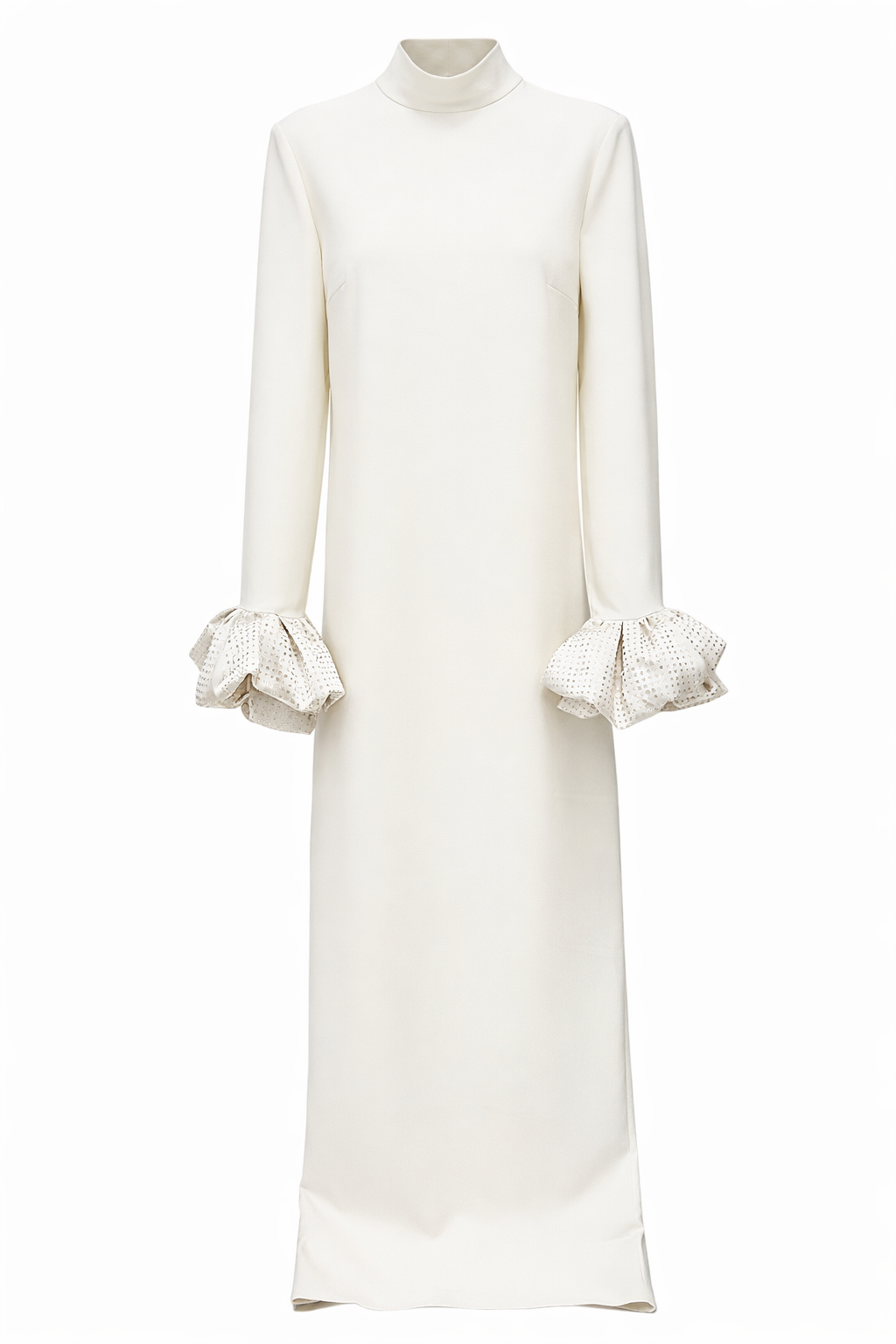 high-neck long sleeve maxi dress with ruffle cuffs – LUMINA