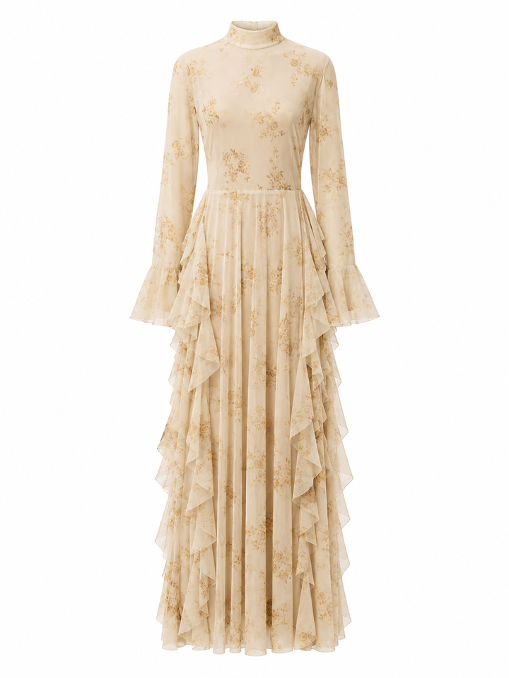 Floral Jacquard Ruffle Maxi Dress - Taupe