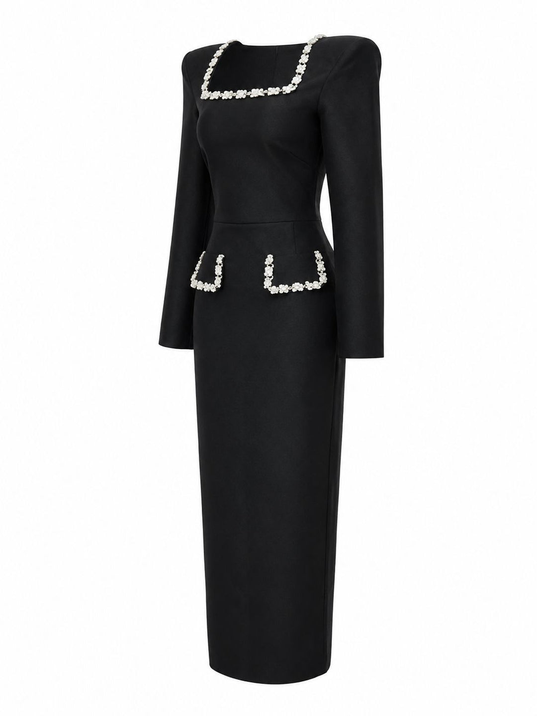 Crystal Trim Square Neck Midi Dress - Elegance