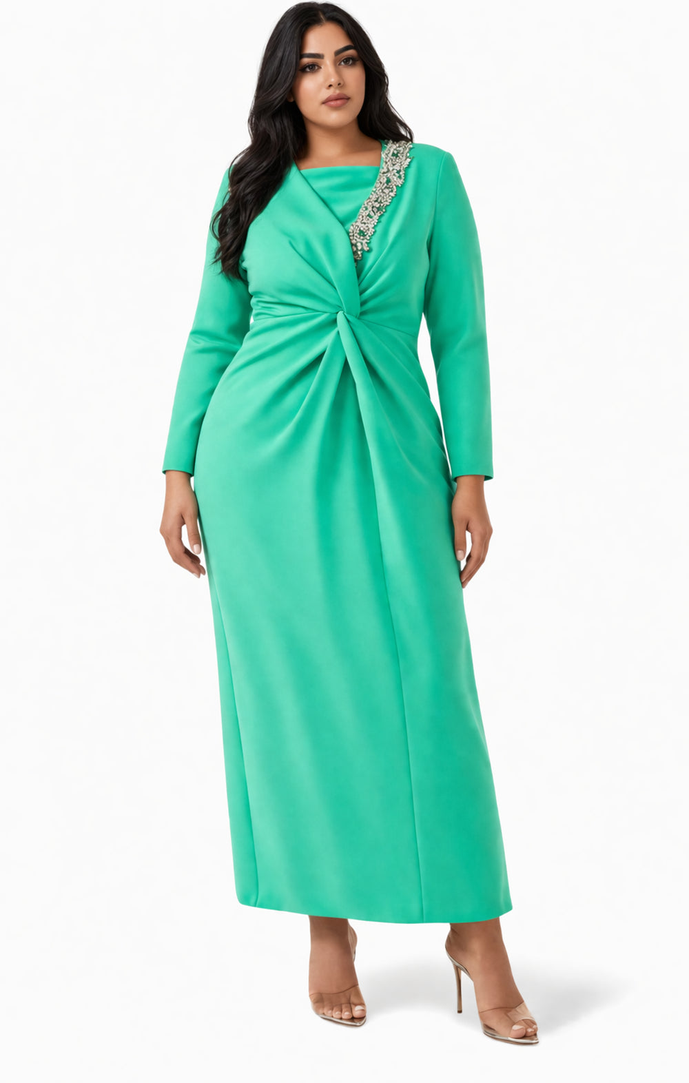 فستان مزخرف بفتحة أمامية وأكمام طويلة – صوفي