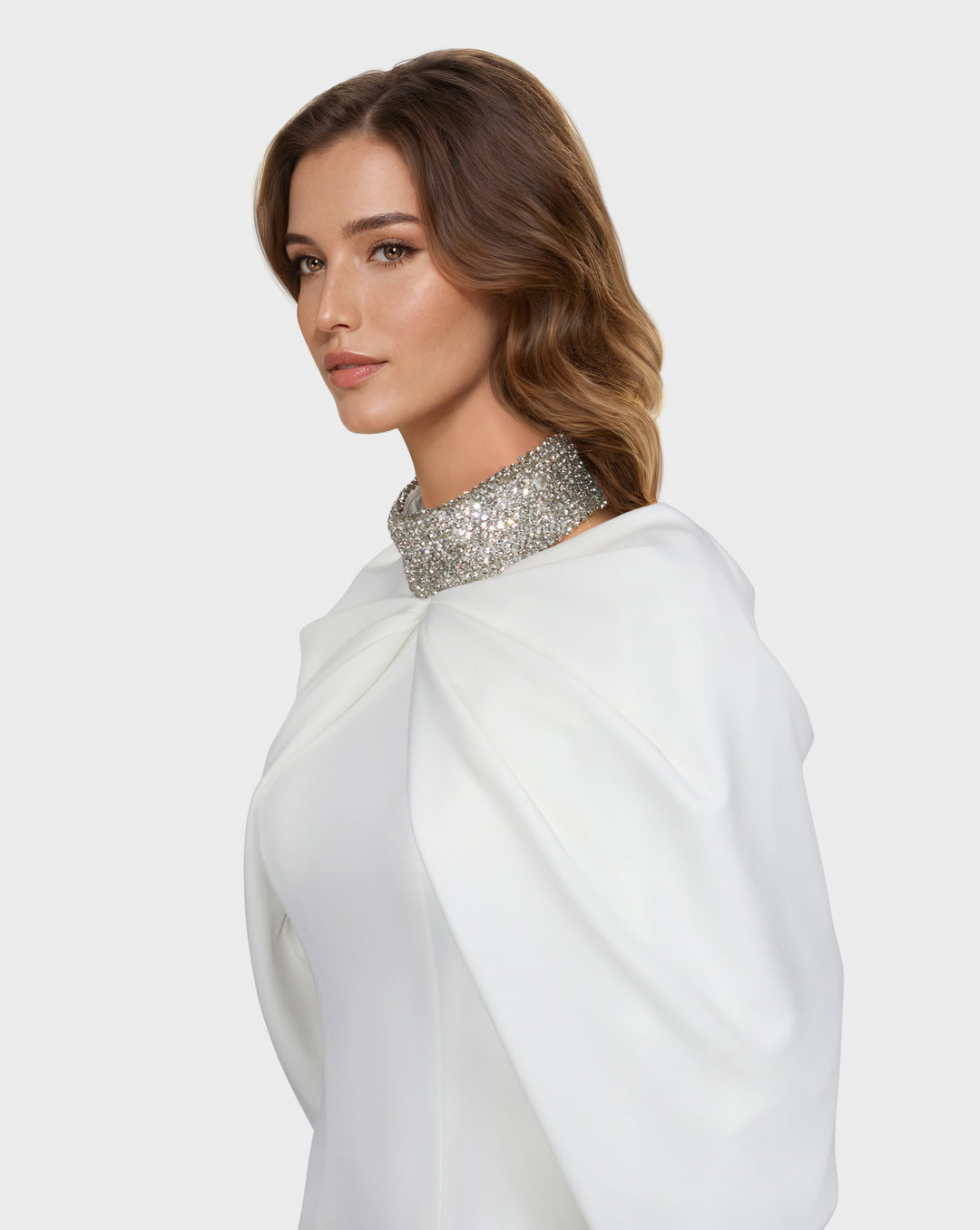 Beaded collar dress with shoulders cape-Selby
