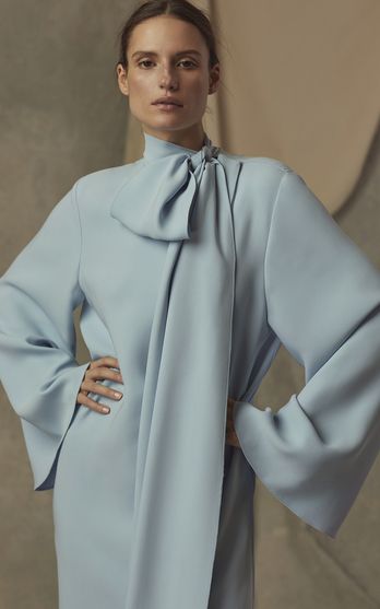 bow-neck draped gown with side slit – REZIIN