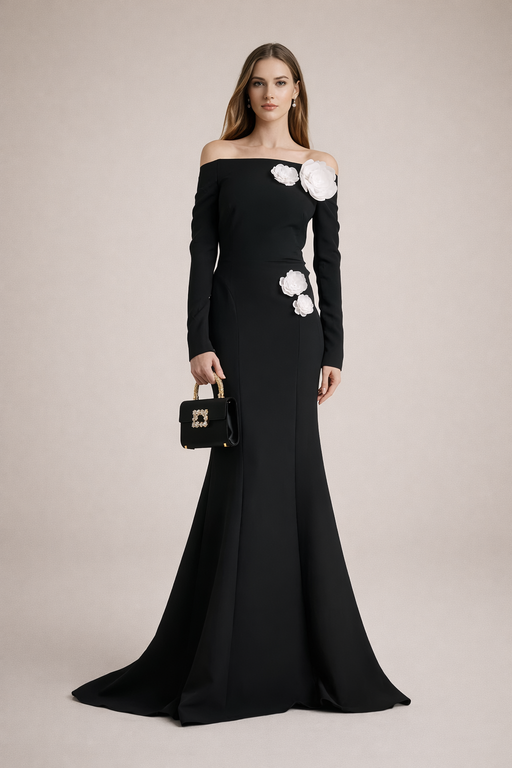 off-shoulder mermaid gown with floral appliqué – BLOOM