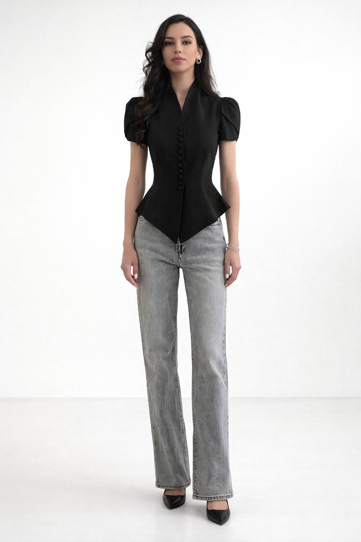 Elegant Black Buttoned Peplum Top-CONDA