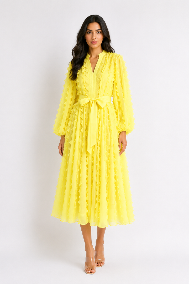 Ruffled Chiffon Tie-Waist Midi Dress - Ivory