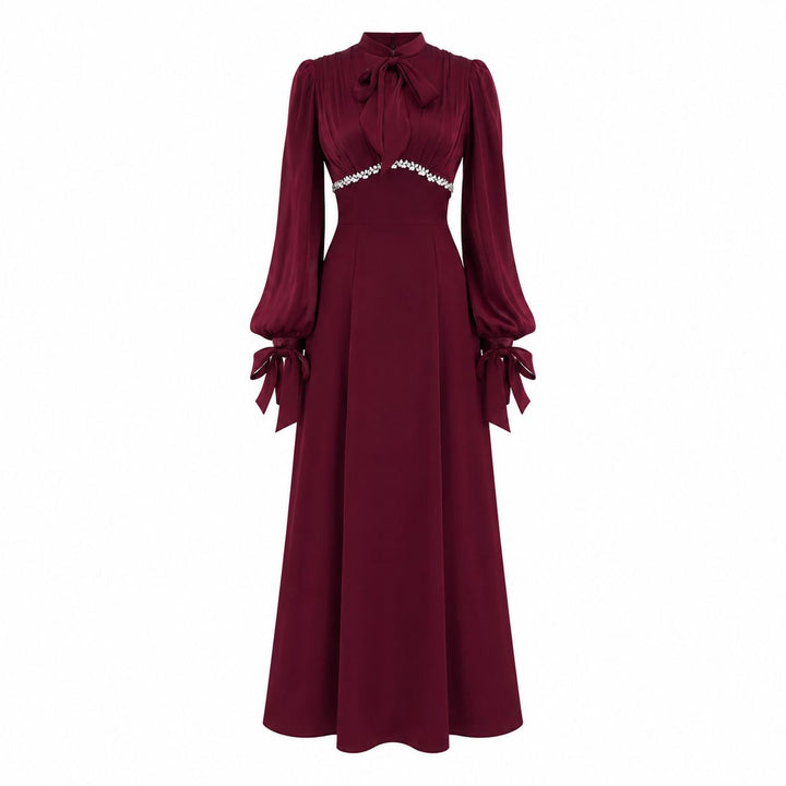 Elegant Pearl Waist Tie-Neck Maxi Dress - Grace