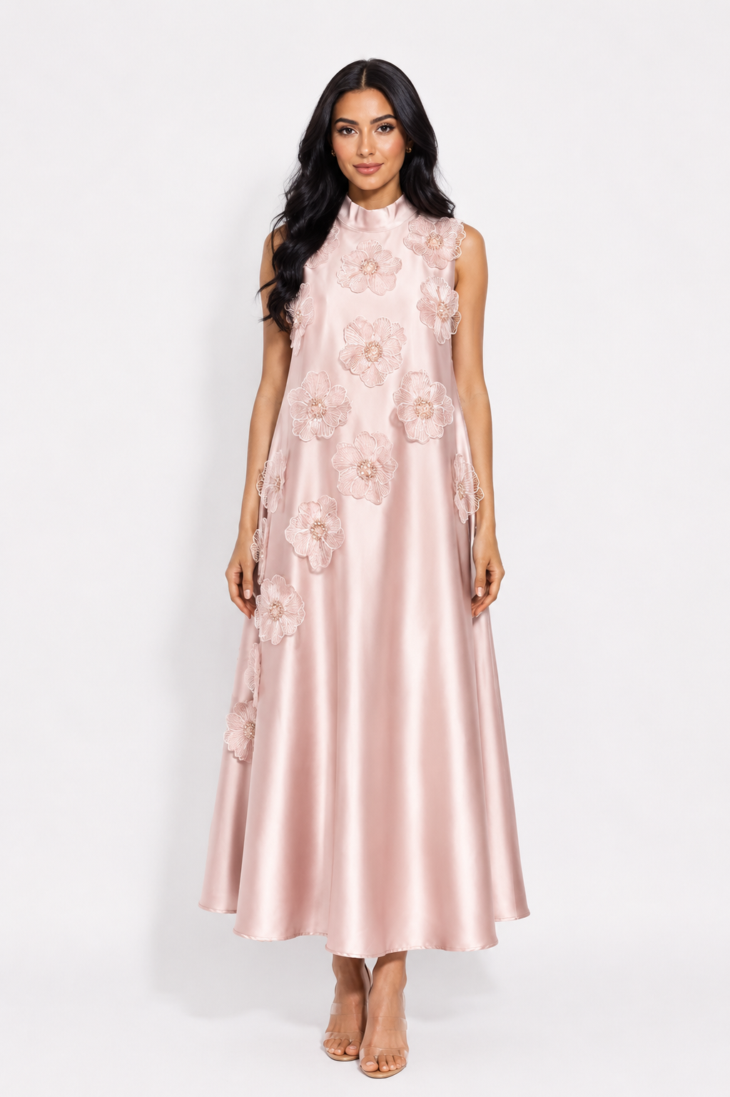 Floral Appliqué Satin A-Line Dress - Champagne