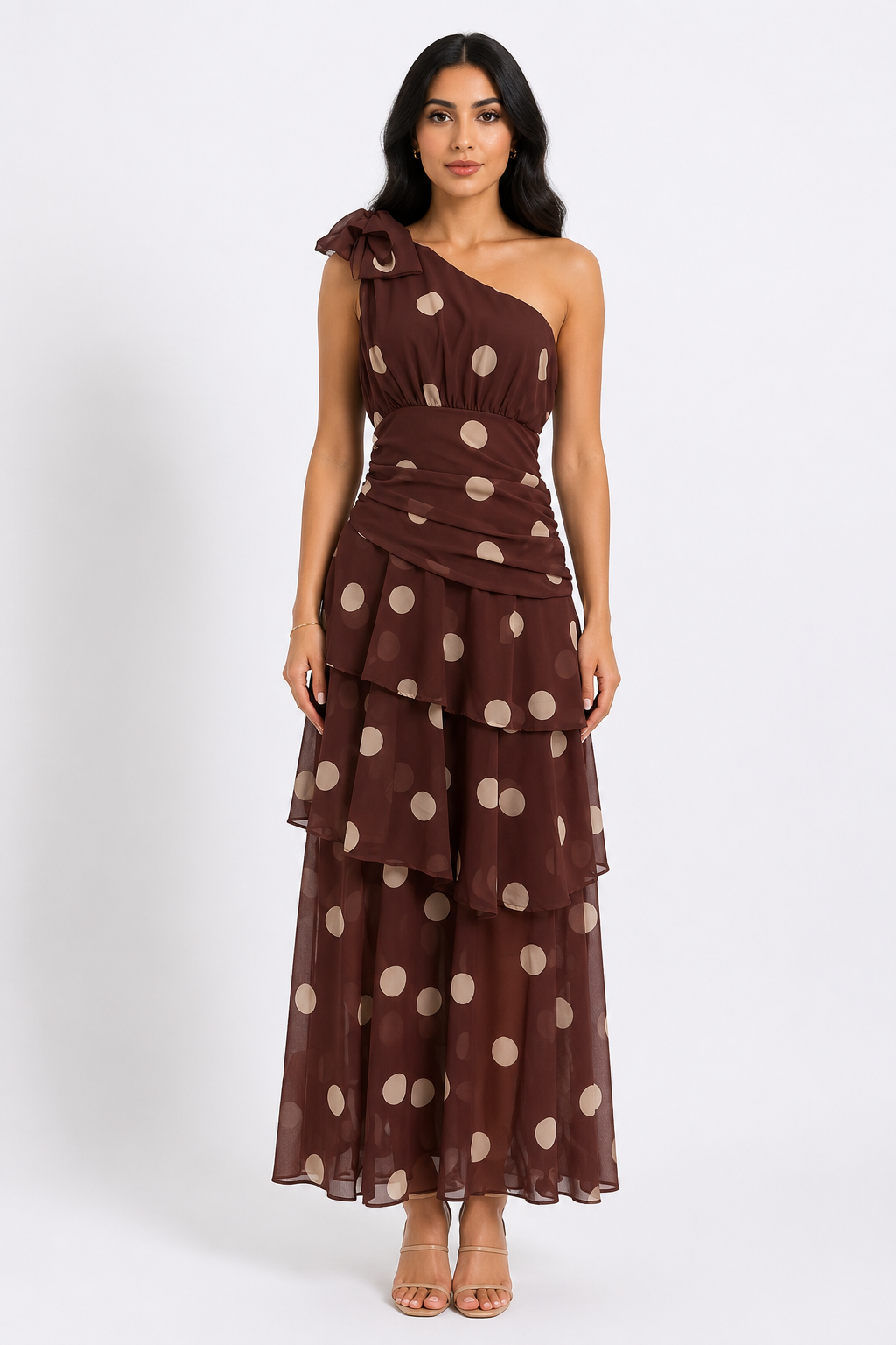 Polka Dot One-Shoulder Maxi Dress - Elegance
