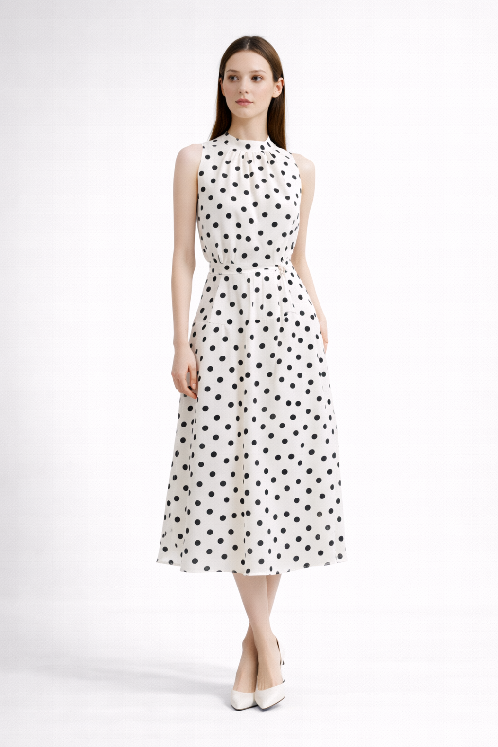 sleeveless polka dot midi dress with tie-neck detail – DOT