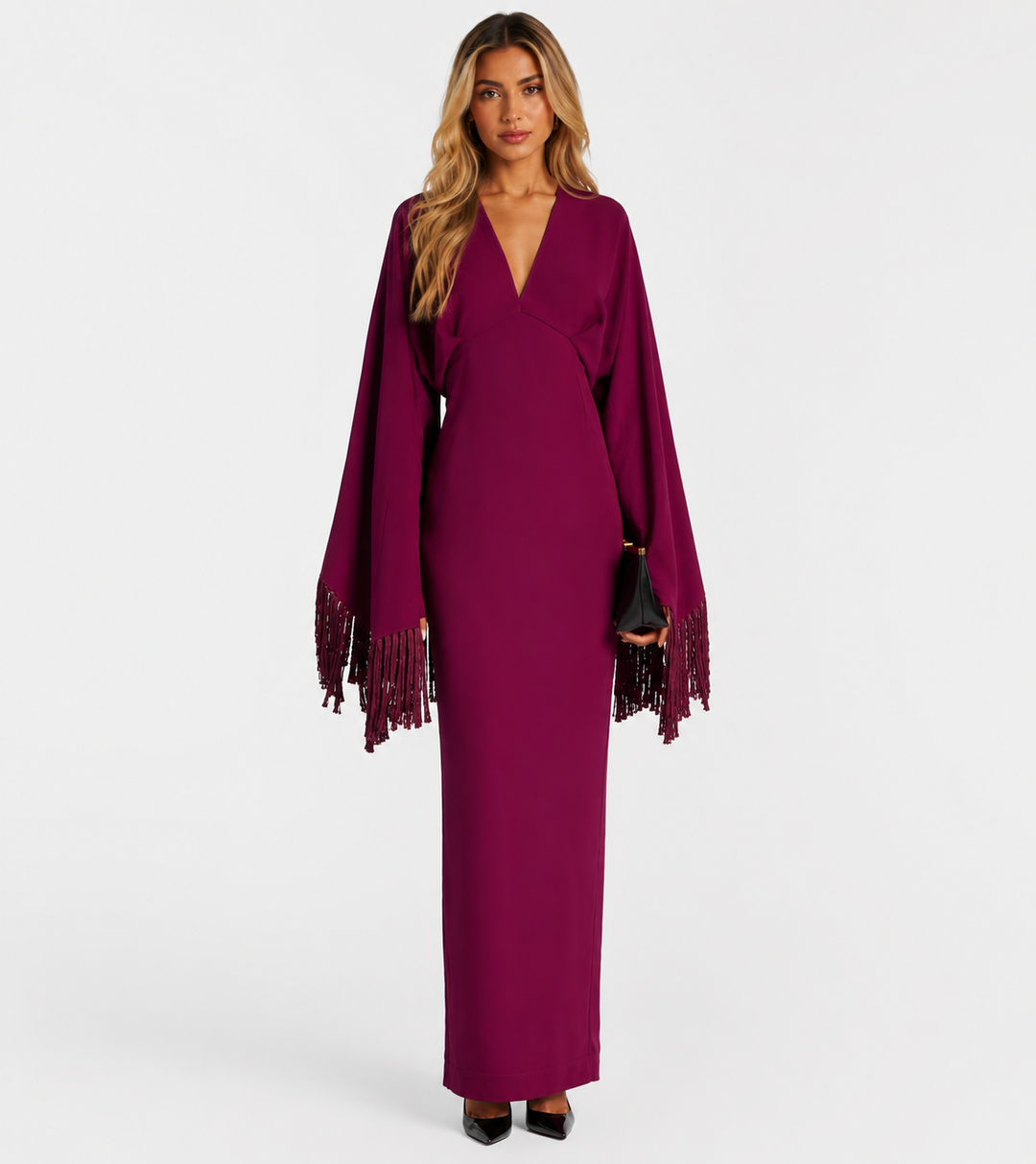 Magenta Fringe Sleeve Evening Gown - Amara