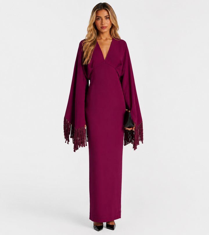 Magenta Fringe Sleeve Evening Gown - Amara